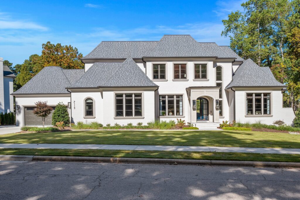 Front elevation from the street at Chateau Grayson Deux, a custom home built by Loyd Builders in Raleigh, NC