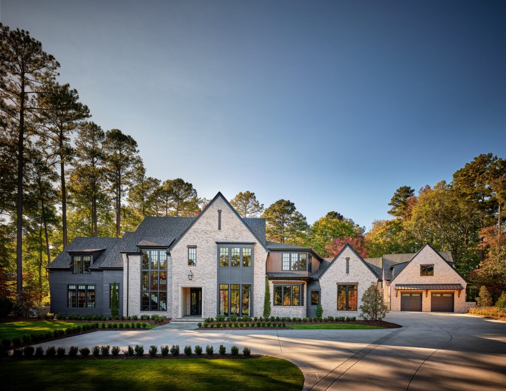 Front exterior of The Craft & The Furious, a white board and batten custom home with black windows and multiple gables in MacGregor Downs